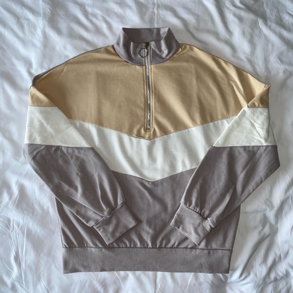 Grey, Beige And White Color Block Sweatshirt